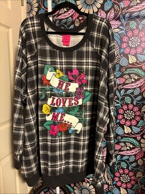 torrid Black & White Plaid Sweatshirt with Colorful Floral Banner